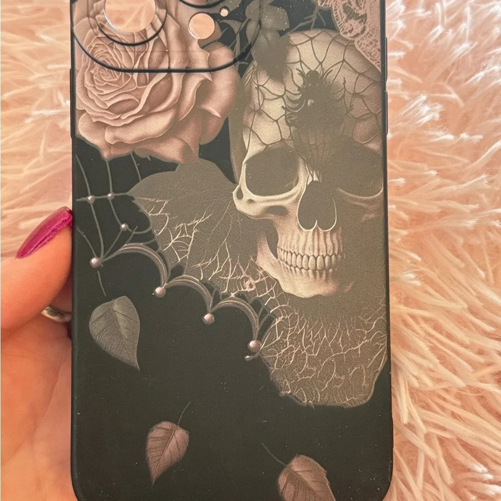 Gothic Black Skull Cover with Rose and Heart Accents